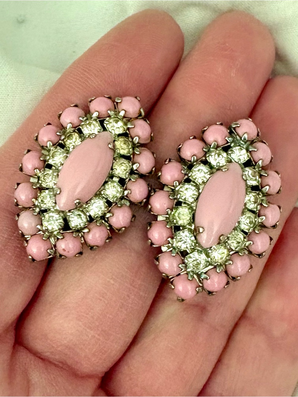 Vintage WEISS Pink Milk Glass Rhinestone Clip On Earrings Signed